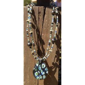 CJ Banks Glass Pendant Peacock Necklace With Multicolor Beads
